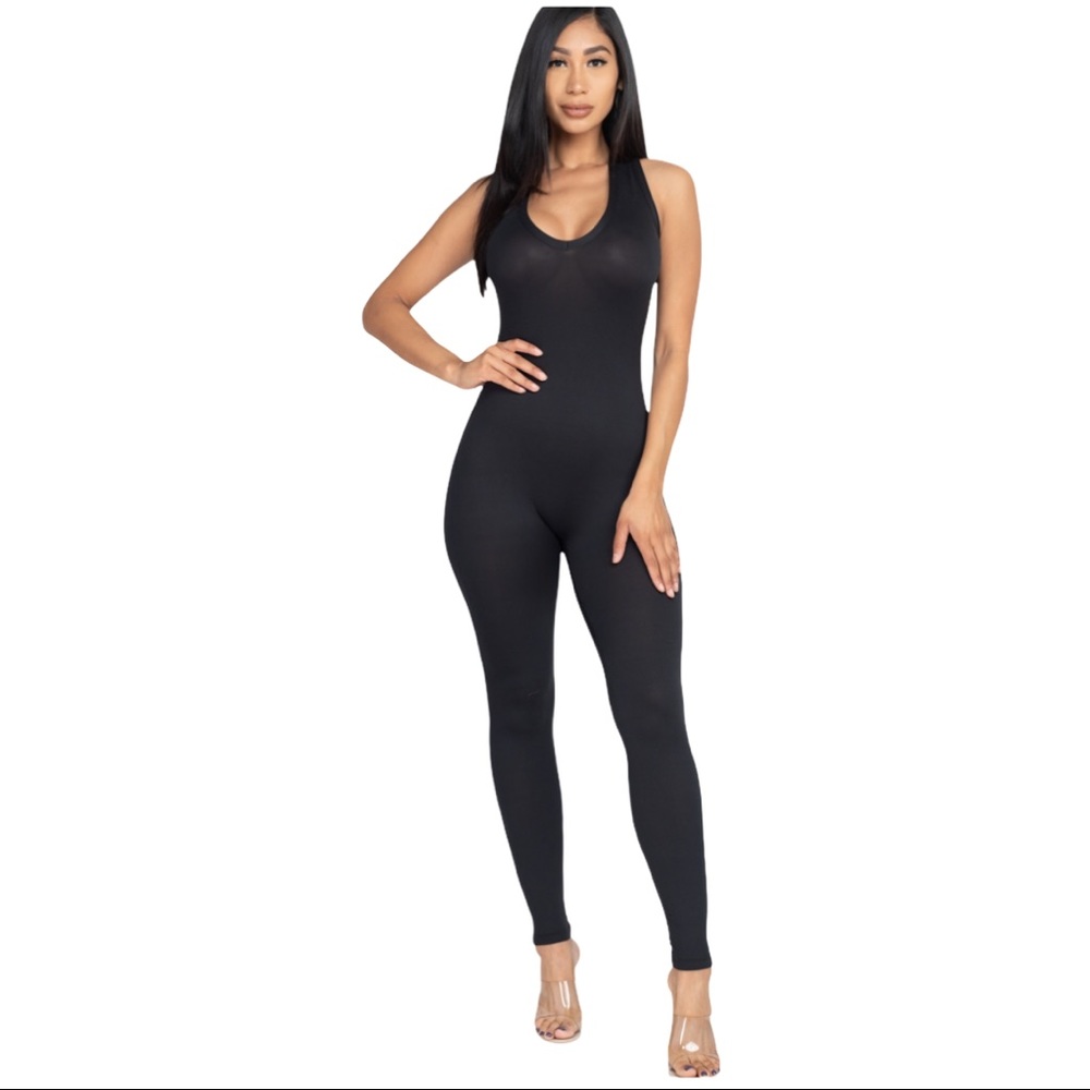 Racerback Sleeveless Bodycon Stretch Jumpsuit - Picture 2 of 4